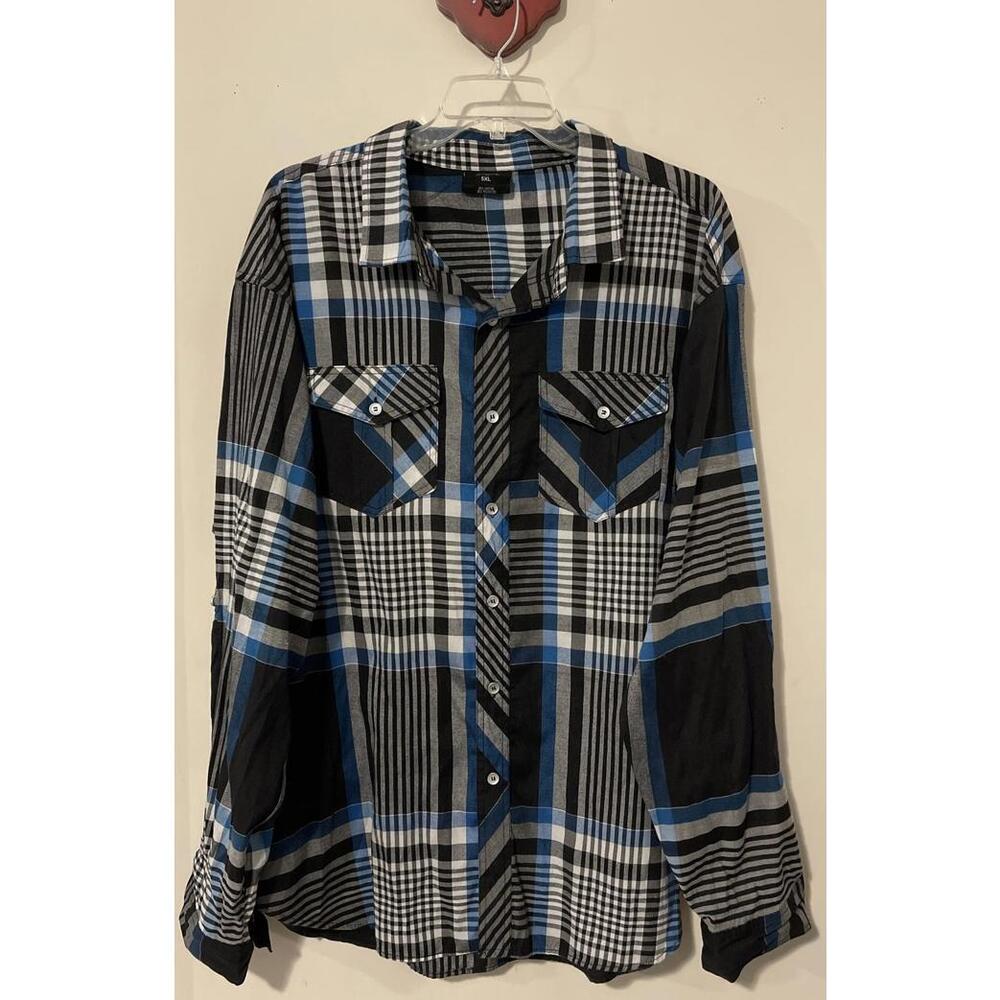 Diamond Stash Mens 5xl Black Plaid Button-Up Collared Long-Sleeved Shirt! A4988r